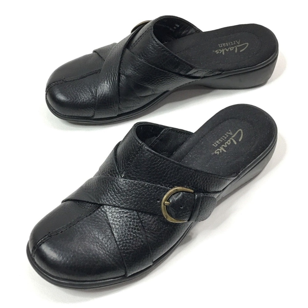 Clarks Black Leather Buckle Criss Cross Mules 7.5
